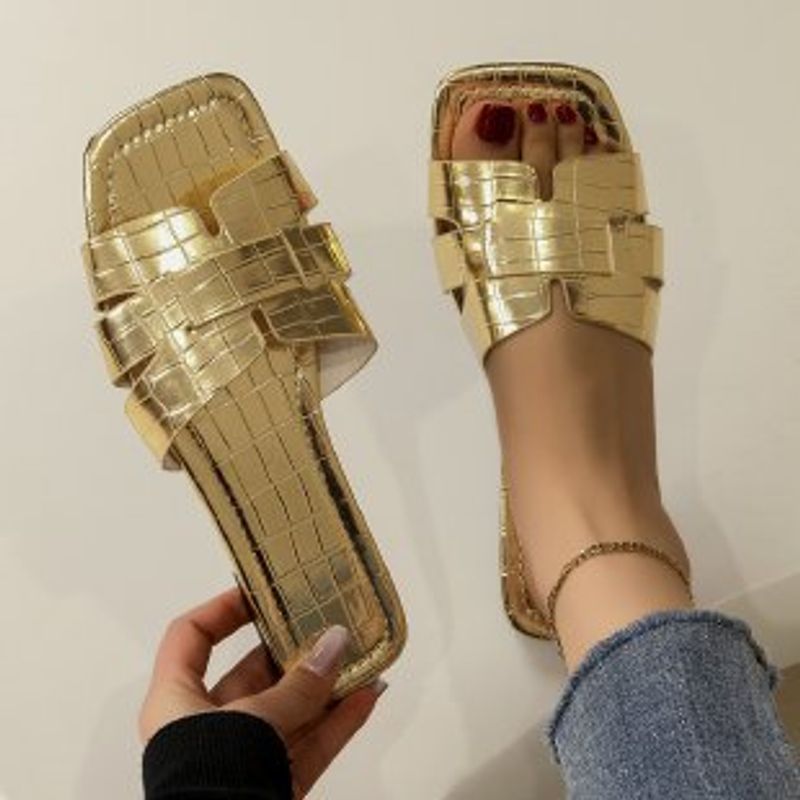 A Word Solid Color Flat Women's Slippers New Classic Stone Pattern Slip-on_voghion.com