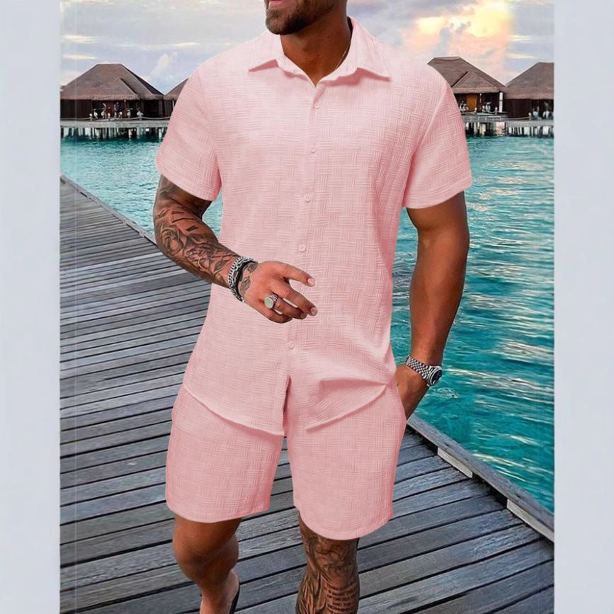 Men's Clothing Summer Jacquard Black And White Solid Color Suit Short Sleeved Men's Vacation Casual Style Shirt Shorts Two Piece Suit_voghion.com