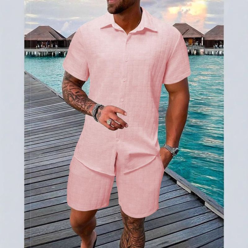 Herenkleding Zomer Jacquard Zwart Wit Effen Kleur Pak Korte Mouw Heren Vakantie Casual Stijl Shirt Shorts Tweedelig Pak_voghion.com