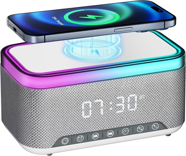 Wekkergeluidsmachine Draadloze oplader, White Noise Machine met Bluetooth-luidspreker, Digitale wekker voor de slaapkamer, Nachtlampje FM-radio_voghion.com