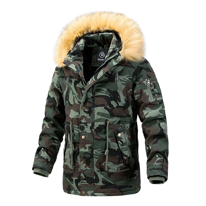 Manteau d'hiver à capuche camouflage pour homme - Parka longue, épaisse et ajustée, doublée polaire, pour l'extérieur et les loisirs_voghion.com