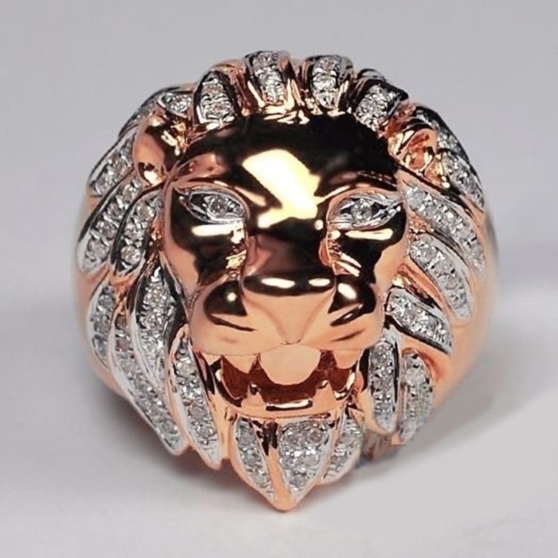 Hip-Hop Punk Lion Head Ring For Men Rose Gold Color White Crystal Rings Wedding Engagement Band Rock Biker Jewelry Size_voghion.com