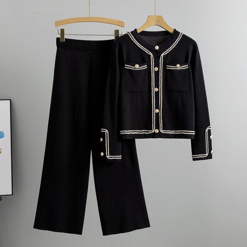 Damenbekleidung Frühlings- und Herbstanzüge, lässige Anzüge, modischer Rundhalsausschnitt, Strickjacke, Oberteil, Hose mit weitem Bein, zweiteiliger Anzug_voghion.com