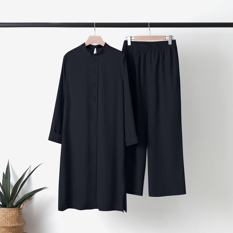 Women's Muslim daily back collar water drop decorative button side slit pants elastic waist with pockets suit_voghion.com