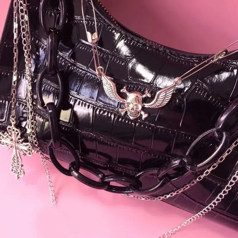 Gothic Black Punk Armpit Bag With Skull Shoulder Y2k Chain Pattern Cross Body Korean Pop Aesthetic 250408l_voghion.com