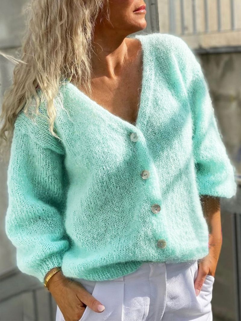 Cardigan boutonné à col en V profond pour femme – Pull en tricot doux en mélange de mohair (S-XL) – Bleu clair, polyvalent et élégant_voghion.com