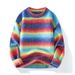 Sweater men's autumn and winter new style American rainbow stripe round neck loose casual pullover simple gradient_voghion.com