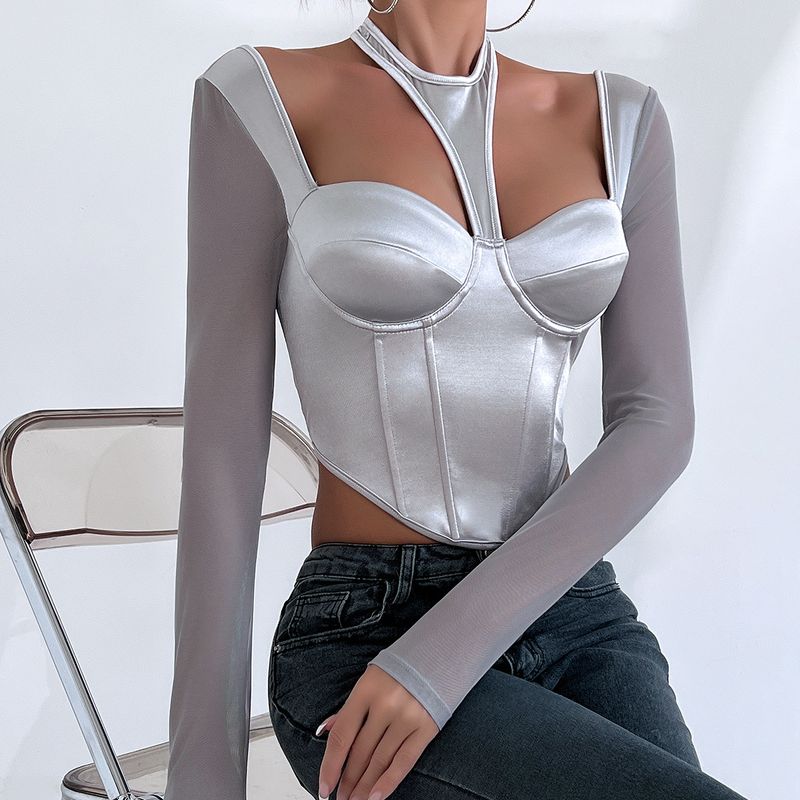 Dametøj trade street hotties lavt skåret sexet gennemsigtig mesh splejsning halter neck langærmet top til kvinder K0508_voghion.com