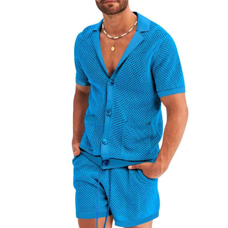 Men's Clothing menswear hollow see through cool casual thin outer wear men's short sleeve shorts set_voghion.com