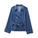 Women's clothing 2024 autumn/winter new item with belt double breasted denim jacket_voghion.com