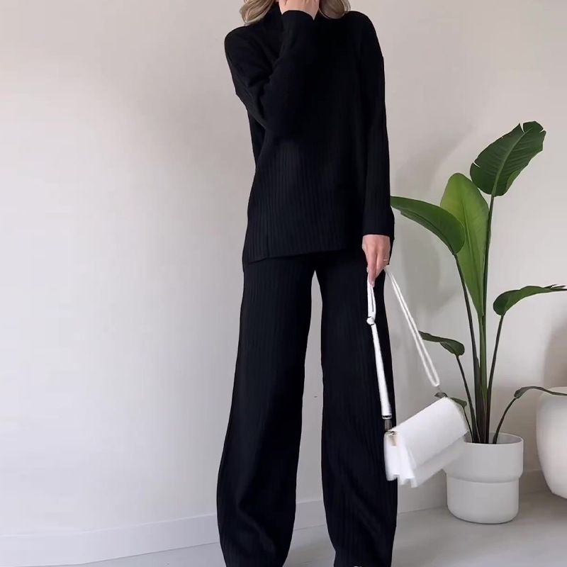 Dolcevita da casa casual in tinta unita da donna, versatili pantaloni a gamba larga_voghion.com