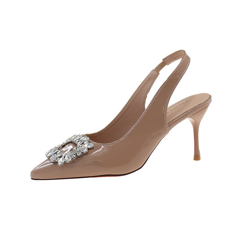 Baotou 2025 Summer New Fashionable Pointed Water Diamond Square Buckle Thin Heel Fashion Sandals For Women_voghion.com