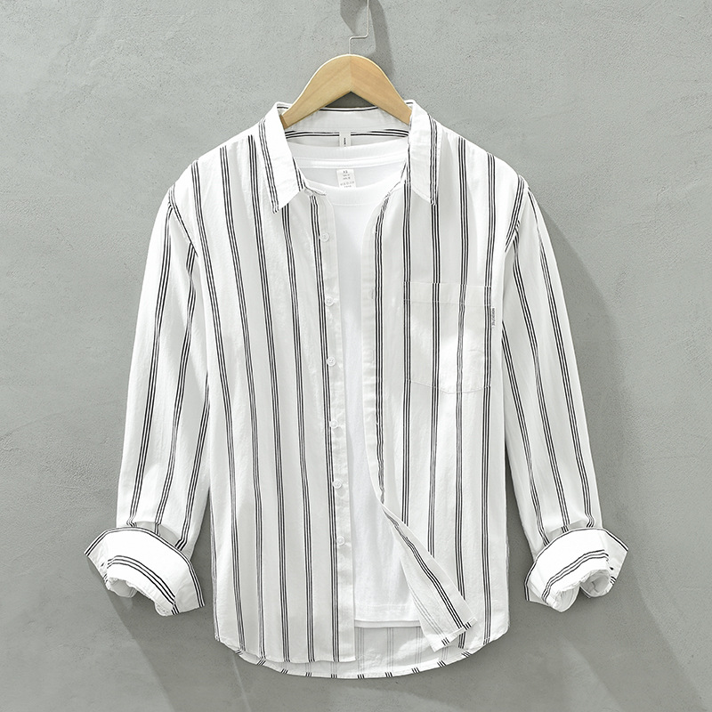 2120 Camicia da uomo casual a righe di tendenza giapponese # 039; camicia a maniche lunghe colletto quadrato Camicia in cotone sciolto Joker una generazione._voghion.com