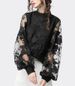 New Women's Lace Puff Sleeve Transparent Round Neck Solid Color Top Shirt Spot_voghion.com