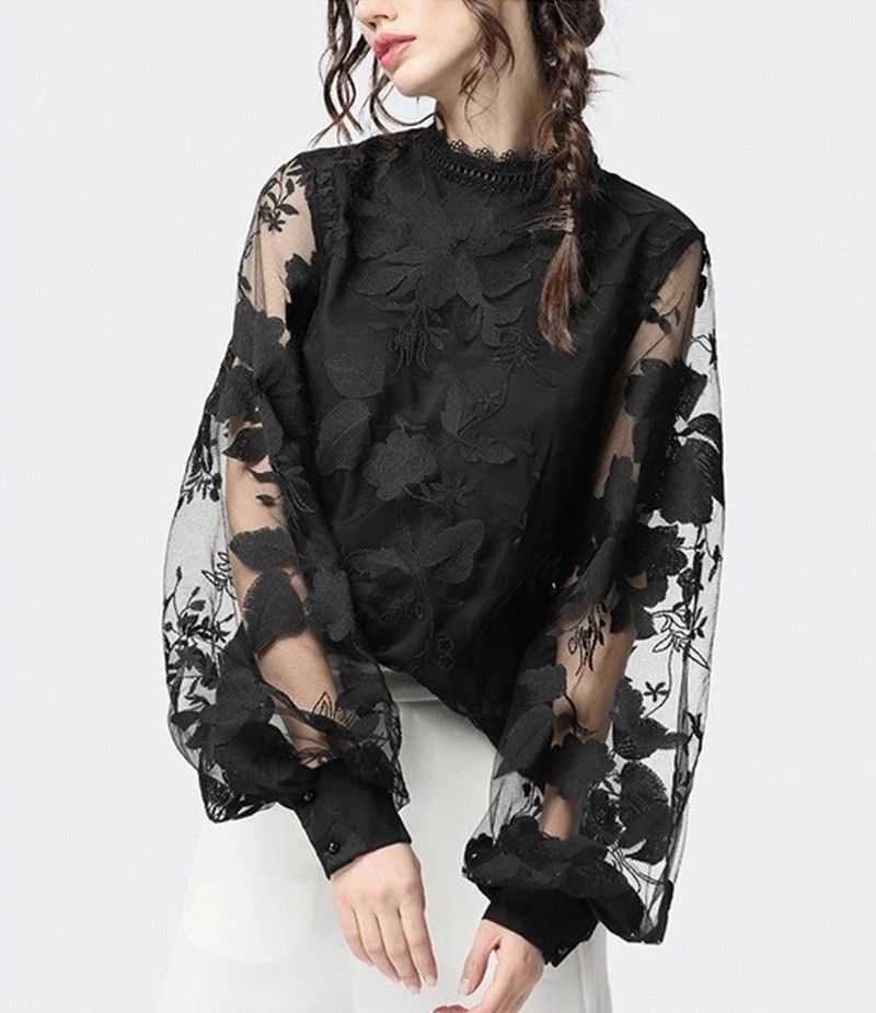 Nuova maglietta da donna in pizzo con maniche a sbuffo e scollo rotondo trasparente, tinta unita, a pois_voghion.com