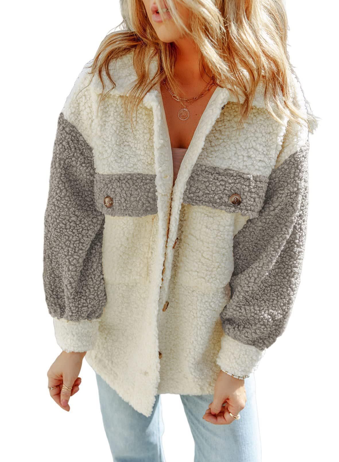 Cappotto di pelliccia ampio e coordinato con colori a maniche lunghe e doppie tasche casual da donna_voghion.com