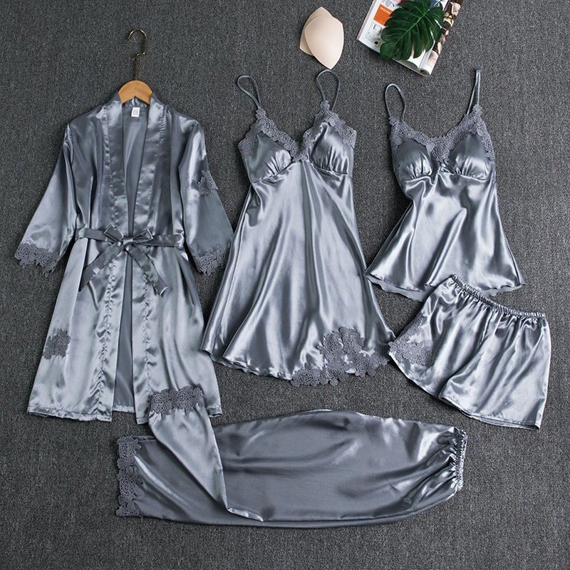 Pamas women summer ice silk sexy hot home dress spring and autumn long sleeve thin large size robe five sets bathrobe_voghion.com