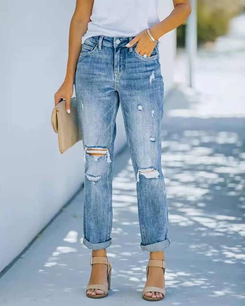 Women's fashion trend Ripped jeans Women's trousers blue_voghion.com
