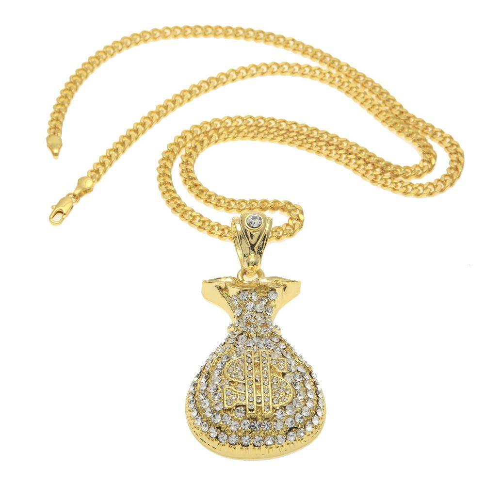 Collana con ciondolo a catena cubana Hip Hop da uomo con ciondolo a forma di borsa porta soldi con taglio a diamante - Opzioni in oro e argento, misure 5 mm e 6 mm_voghion.com