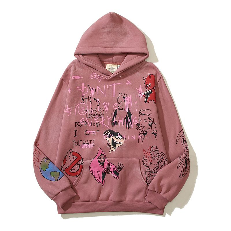 2023 Autumn/Winter New KAN@YE Hip hop hand-painted graffiti mud dyed printed plush hoodie_voghion.com