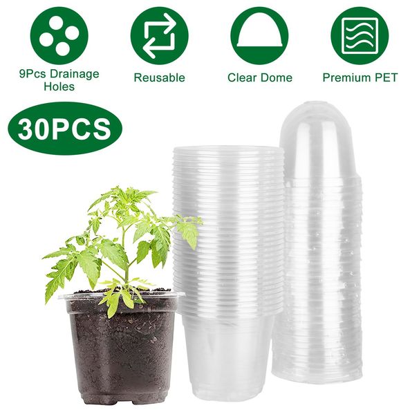 30Pcs Plant Nursery Pots PET Flower Seed Starting Pots Container With Dome With Drainage Holes_voghion.com