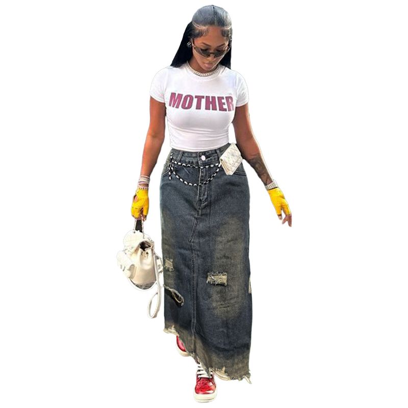 Women's Clothing Spot Pocket Distressed Hole Denim Straight Loose Denim Skirt_voghion.com