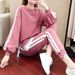 Women's Clothing Two-Piece Sweatshirt Set With Side Slit Pants - Korean Fashion Casual Outfit (Black, Pink, Blue) - Plus Size Available (M-4XL)_voghion.com