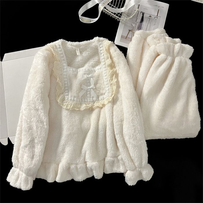 Conjunto de pijama de invierno para mujer, estilo princesa coreana, de felpa gruesa, ropa cálida para el hogar, novedad de 2024_voghion.com
