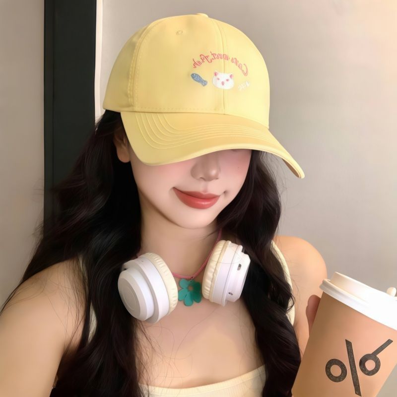 Baseball Cap Female Spring Summer Cute Kitten Yellow Hat Big Head Circumference Wide Brim Showing Face Small Cap_voghion.com
