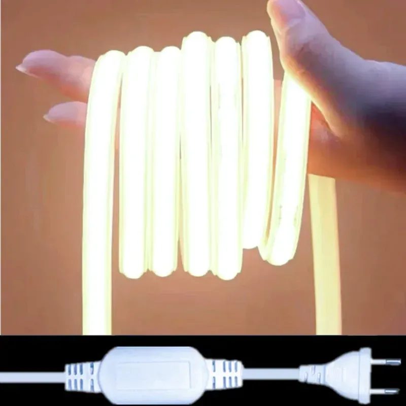 Striscia LED COB da 288 LED/m, dimmerabile, 220 V, con spina UE, 3000 K, 6000 K, RA90, per esterni, giardino, camera da letto, cucina, illuminazione_voghion.com