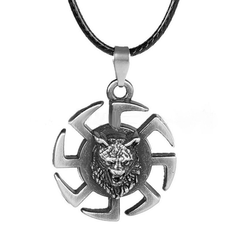 Men Wolf Head Viking Black Rope Pendant Necklaces for Women Steel Wheel Pendant Amulet Metal Jewelry Unisex_voghion.com