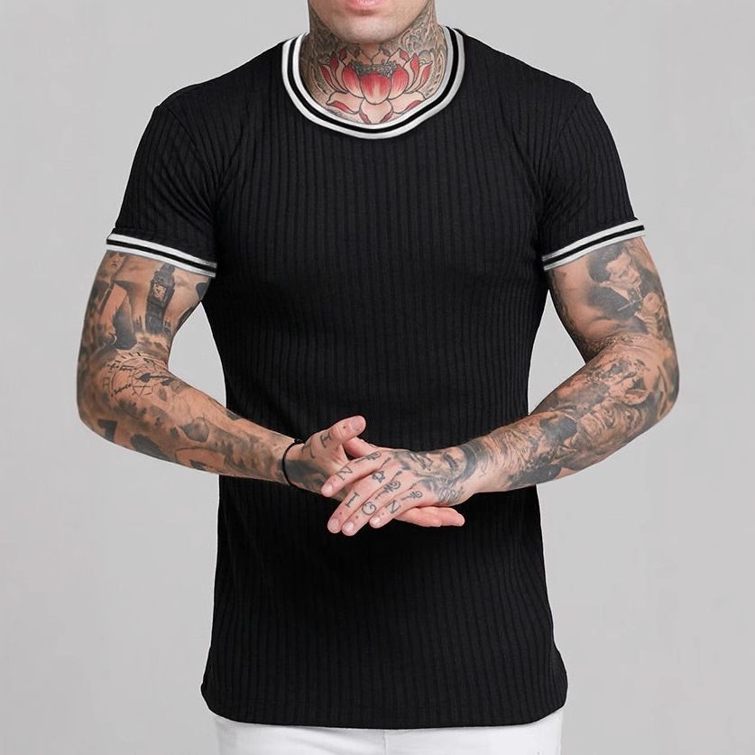 Maglietta elasticizzata da uomo a maniche lunghe per il fitness - Top da allenamento traspirante con scollo a V e design a righe per palestra, corsa e abbigliamento casual_voghion.com