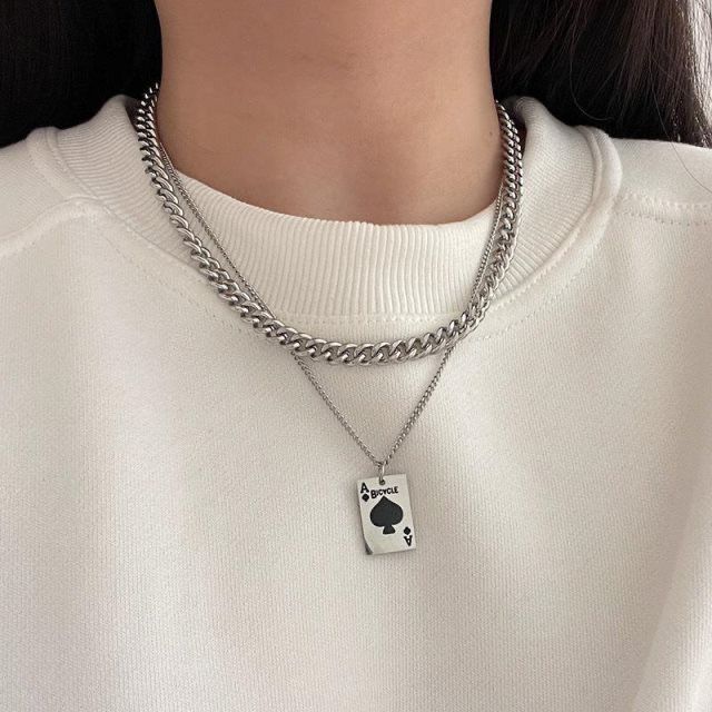 Fashion Double Layer Stacked Color Sweater Playing Card Titanium Steel Necklace Non-Fading Cuban Ace Of Spades T-Shirt_voghion.com