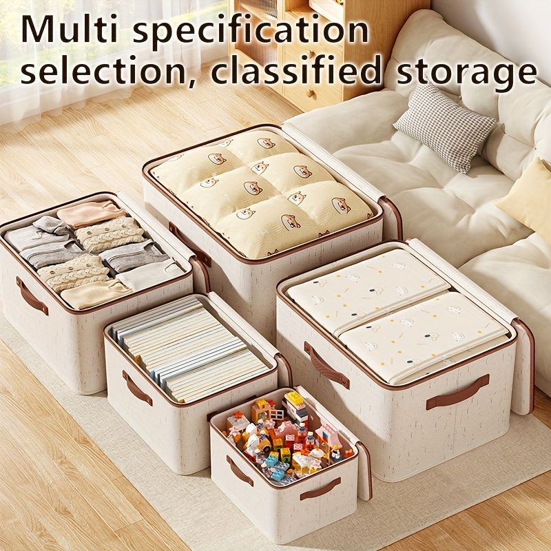 Large Capacity Linen Storage Box With Double Zipper Leather Handles Foldable Under-Bed Organizer For Clothes Bedding Ideal For Bedroom Dorm Closet_voghion.com