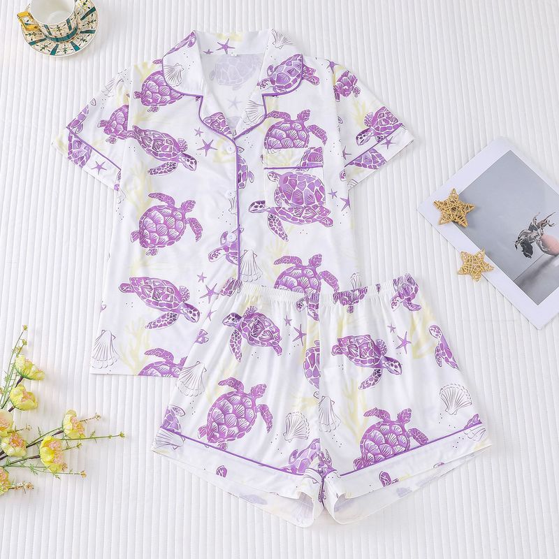 Kadın Pijama Takımı Dört Mevsim Kaplumbağa Desenli Yaka Kısa Kollu Şort Ev Giyim Takımı_voghion.com