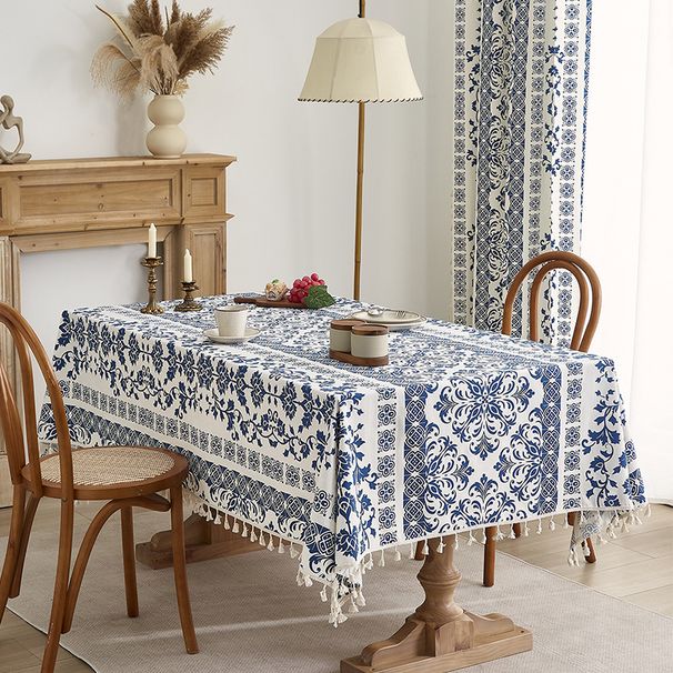 Tovaglia in porcellana blu e bianca – 59% cotone e 41% poliestere, antiscivolo e resistente al calore (rettangolare, 150x100 cm/150x300 cm)_voghion.com