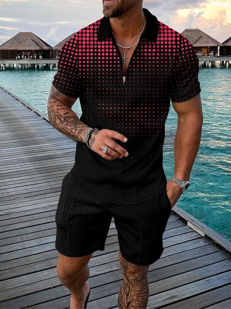 Men's Independent Station Casual Contrasting Color Polo Zipper Lapel Shirt Short Sleeve Suit_voghion.com