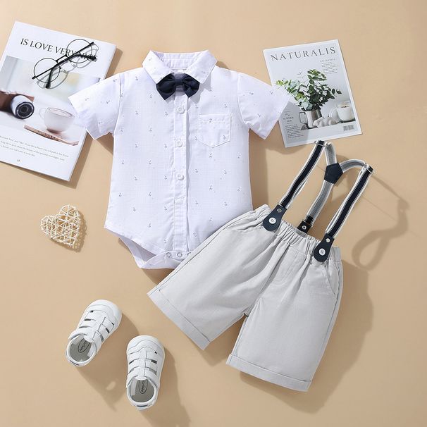 Mother & Kids New style boy baby gentleman bow tie bib shorts suit summer baby British style romper short sleeve two-piece suit_voghion.com