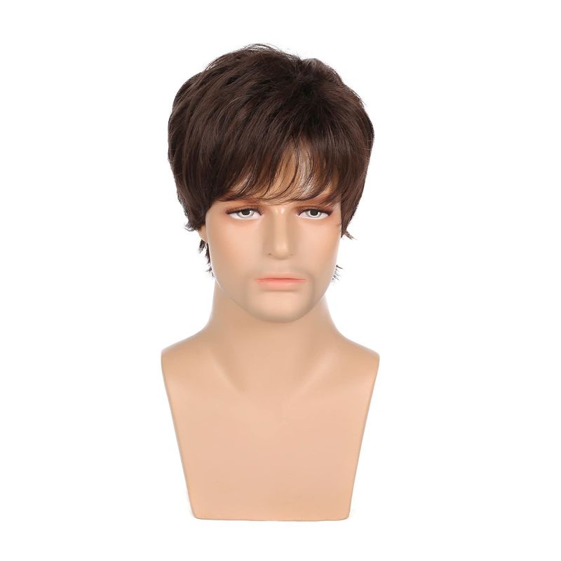 Xuchang European and American men's short straight hair brown wig fluffy wig long bangs men's chemical fiber headgear Men wigs_voghion.com