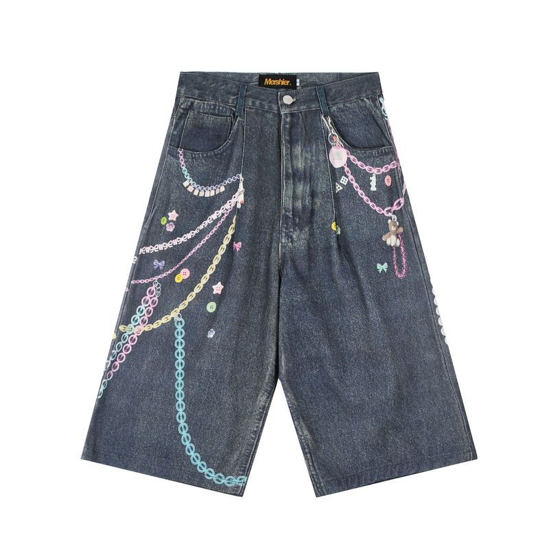 Abbigliamento maschile Abbigliamento maschile 2025 Pantaloncini in denim di marca europea e americana con stampa 3D, larghi e lavati, per uomo e donna_voghion.com