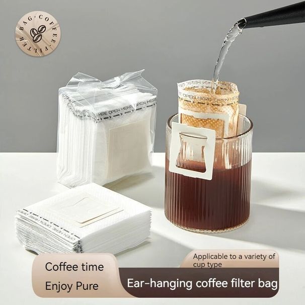 Sacchetto filtro per caffè usa e getta in carta in polvere prodotta a mano, appeso allo schermo dell'orecchio_voghion.com