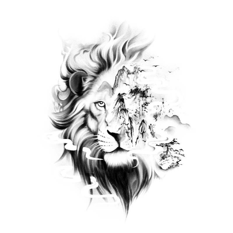 Lion King Tattoo Sticker – Oriental Ink Style Temporary Tattoo For Arm & Leg, Matte Finish, Non-Reflective, Unique Gift For Festivals & Parties_voghion.com