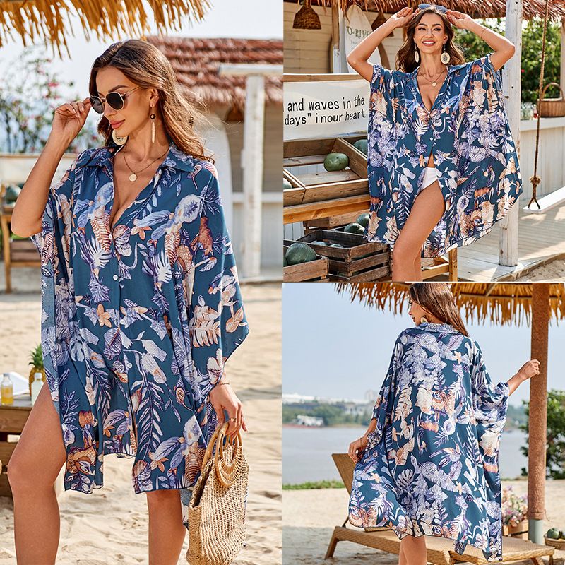 Damska, 100% bawełniana, drukowana, plażowa koszula-okrycie wierzchnie – lekkie, chroniące przed słońcem kimono, bikini, na wakacje_voghion.com