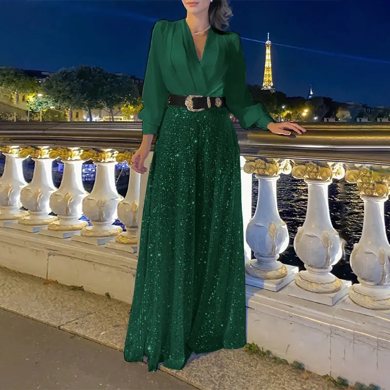 Vêtements pour femmes haut de gamme col en V chemise à manches longues tempérament taille élégante paillettes pantalon large_voghion.com
