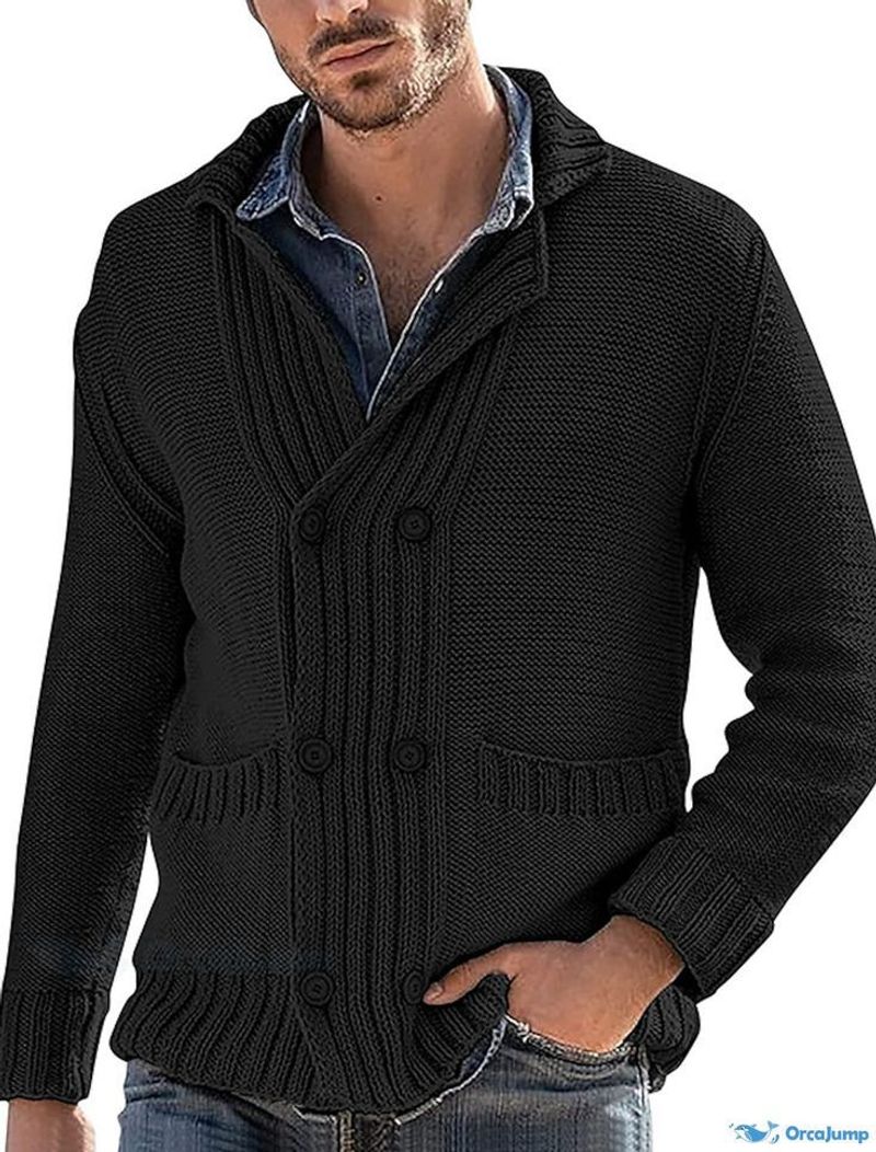 Herrenmode-Cardigan-Pullover, zweireihiger Pullover, gestrickt, Herren-Cardigan, einfarbig, große Taschen-Shirt-Oberbekleidung_voghion.com