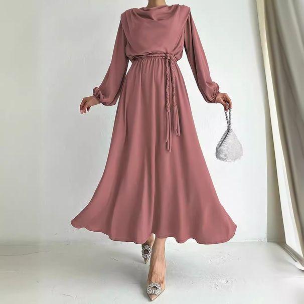 Women's Clothing Muslim Solid Color Sleeves With Belt Long Fashionable Temperament Dress_voghion.com