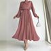 Women's Clothing Muslim Solid Color Sleeves With Belt Long Fashionable Temperament Dress_voghion.com