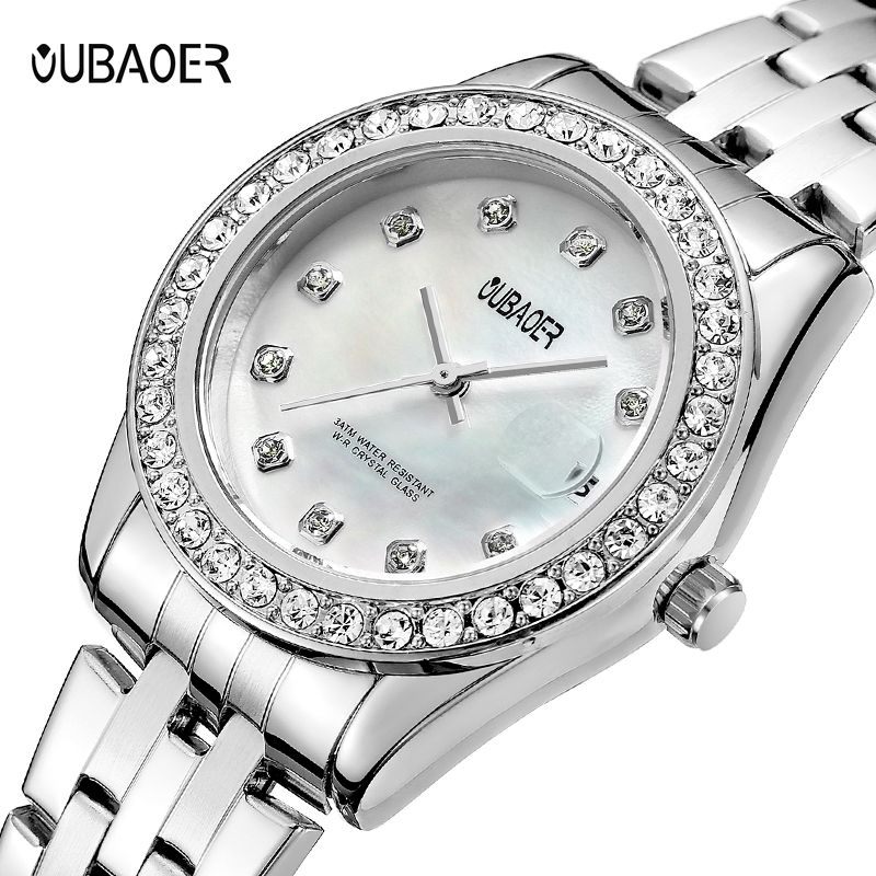OUBAOER 6091 nový design speciální dámské quartzové hodinky superior Nerezový řemínek voděodolný datum půvabný bling Sada hodinek pro volný čas_voghion.com