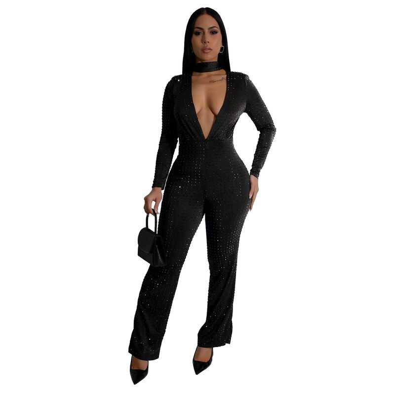 Women’s Clothing Fashion Sexy V Neck Long Sleeved Hot Diamond Arm Jumpsuit New_voghion.com