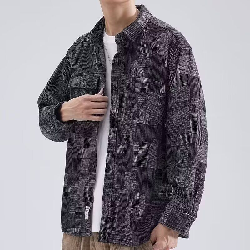​Jeanshemdjacke für Herren, lässig, langärmelig, Button-Down-Hemd, lockere Passform, Vintage-Stil, bequeme Polyestermischung für den täglichen Gebrauch​_voghion.com